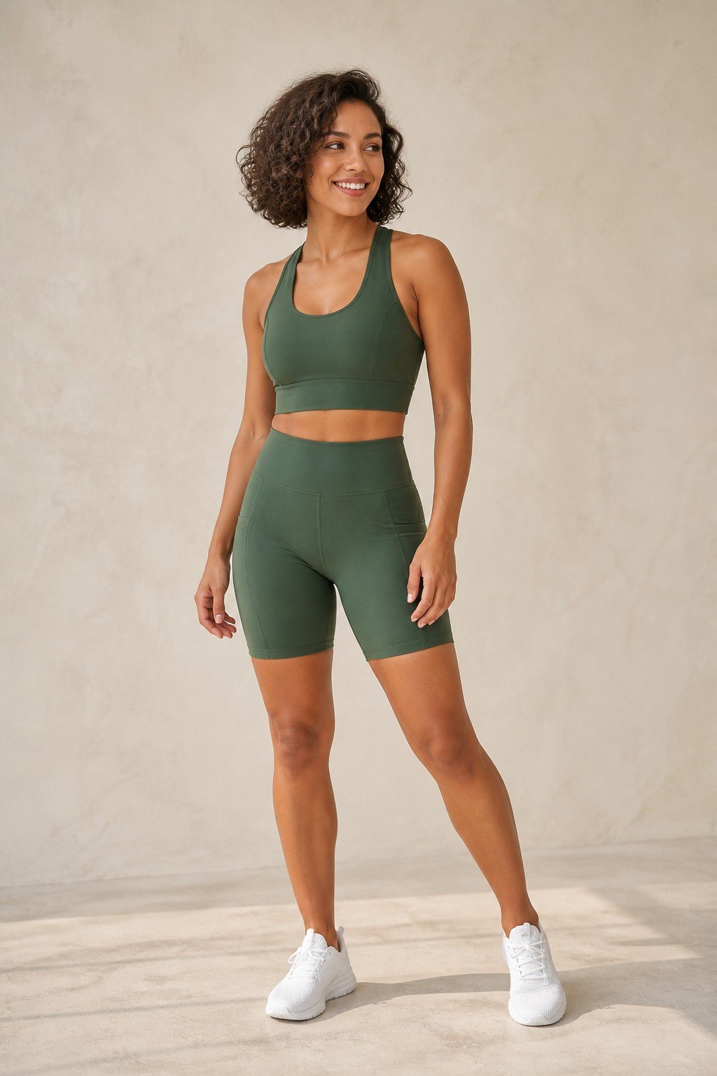 Conjunto esportivo verde com bermuda e top