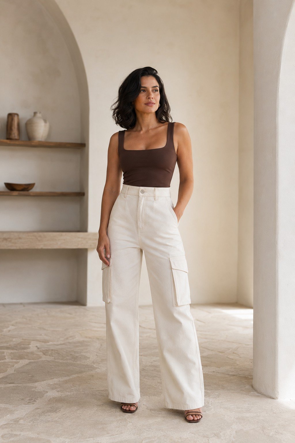 Look casual com blusa marrom e calça cargo off-white