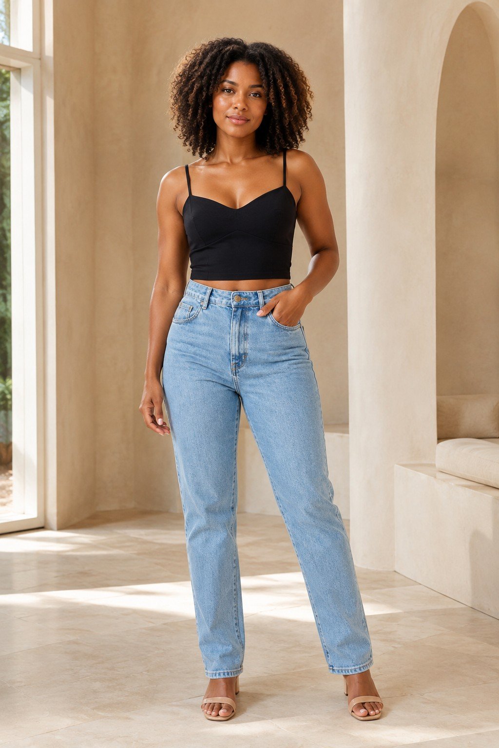 Look informal com top preto e jeans claro