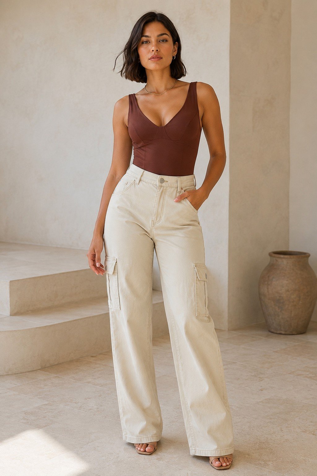 Look casual com body marrom e calça cargo off-white