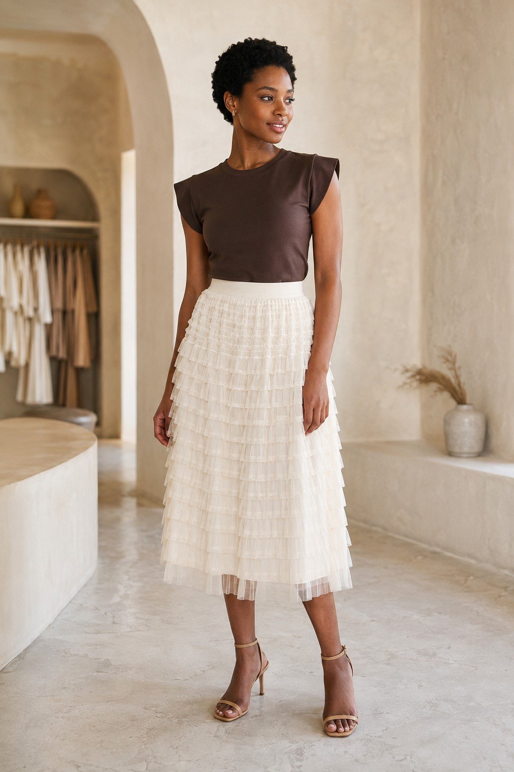 Look feminino com blusa marrom e saia off-white